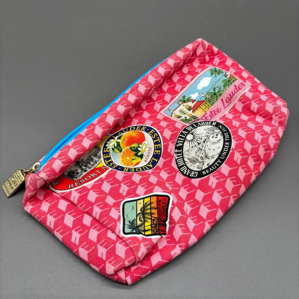 Estee Lauder Cosmetic Bag Pink Makeup Pouch Retro Hotel Print Travel Zip